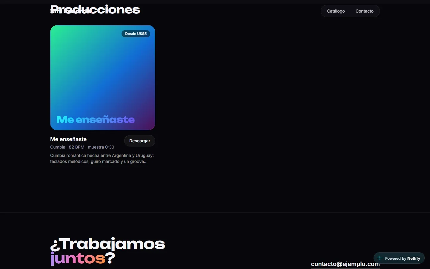 Catálogo de producciones con muestra y precio